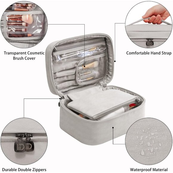 2-Pack Waterproof Leather Makeup Bag, Portable Travel Cosmetic Organizer - Grey - Picture 10 of 12